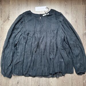 Unsubscribed Black Silk Lurex Pintuck Blouse Size 2,6 Sheer Long Sleeve NWT